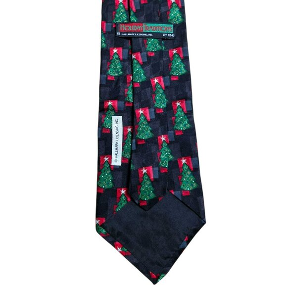VTG Silk Christmas Tree Neck Tie Black Green Red Gold Holiday Party Hallmark USA - Picture 4 of 7